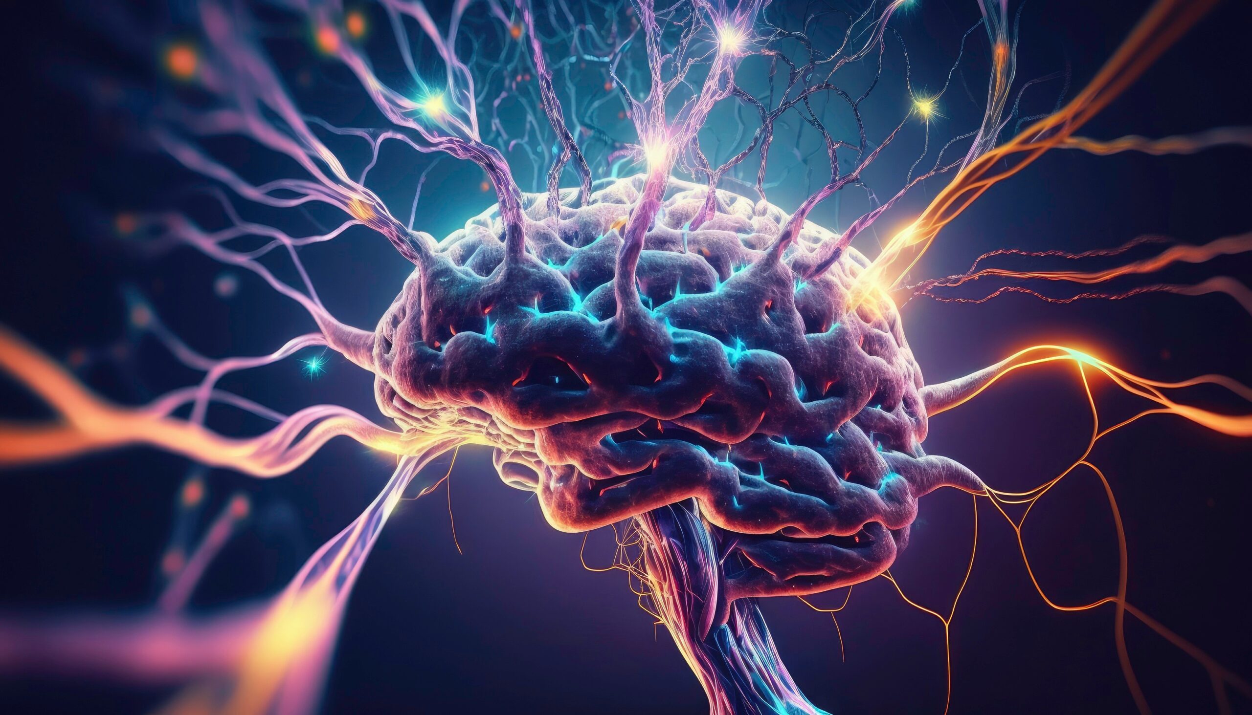Illustration of brain inflammation and neural activity representing the link between inflammation and depression