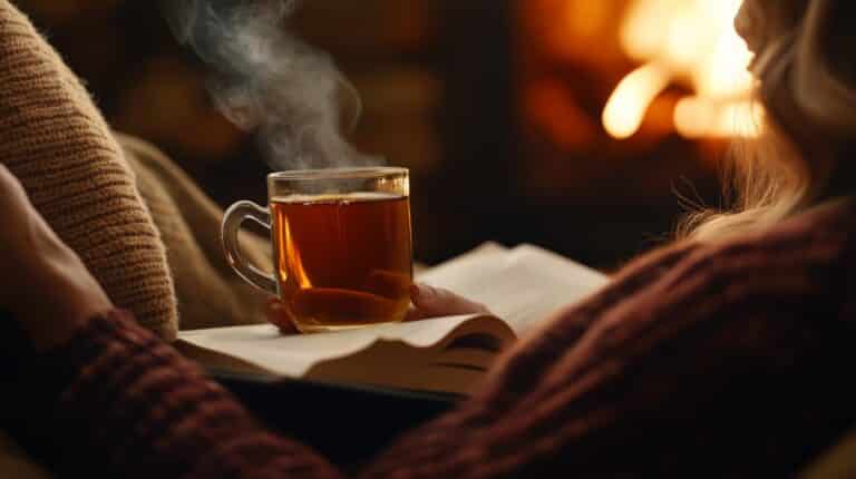 Relaxed caregiver reading by the fire with a warm drink, practicing self-care for mental health.