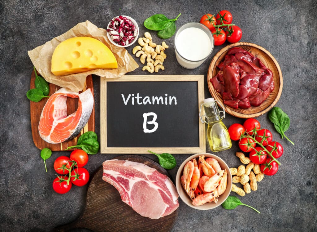 Sources of B vitamins such as leafy greens, legumes, eggs, and meats