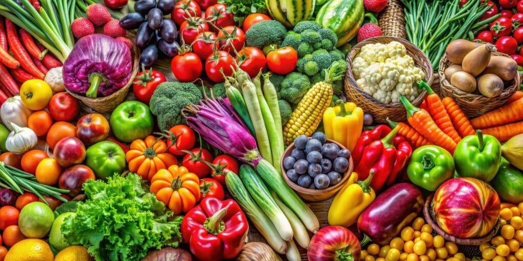 Colorful vegetables and fruits rich in antioxidants, such as berries, peppers, and greens.