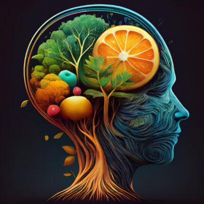 Artistic brain made of fruits and vegetables representing nutrition-mood connection