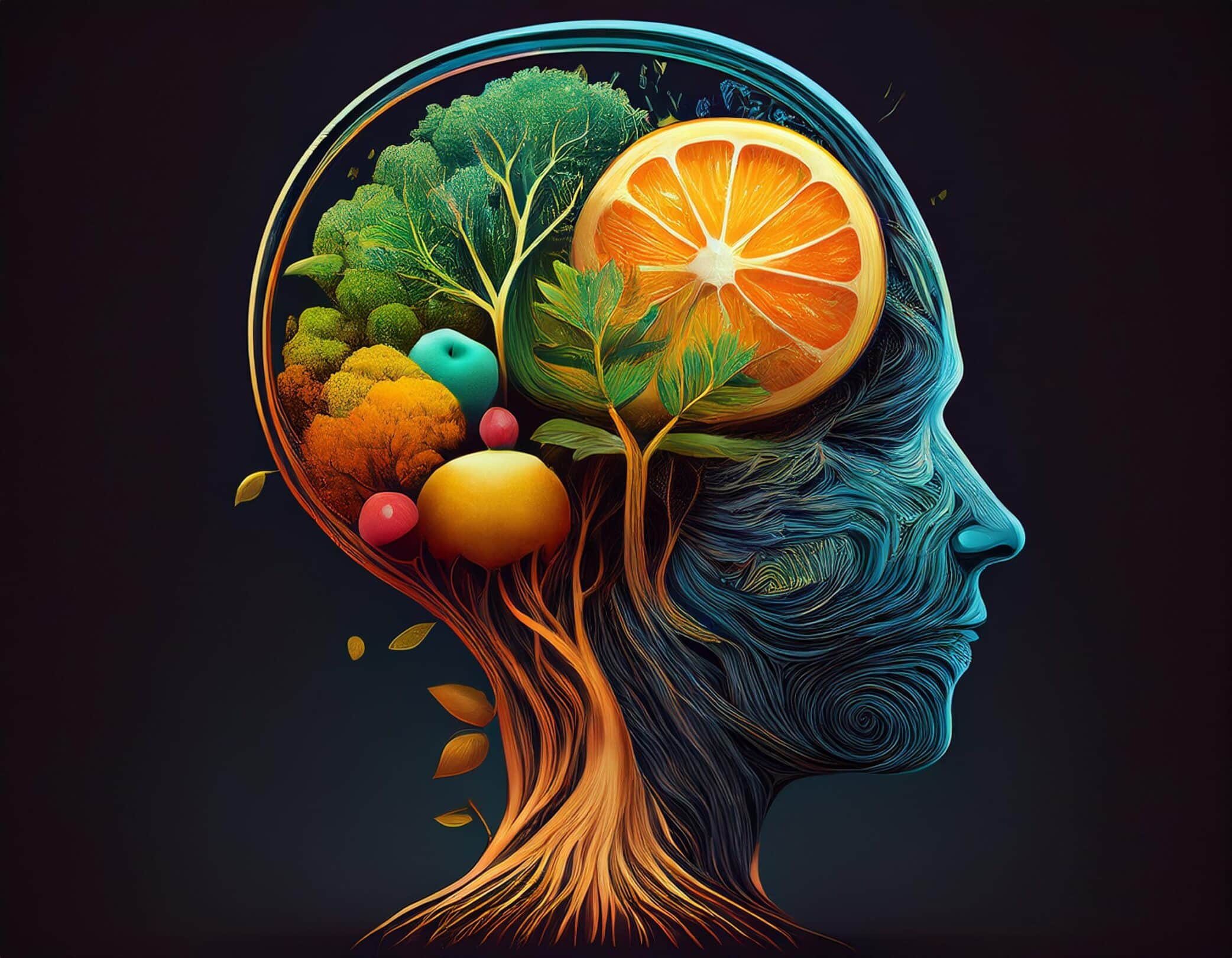 Artistic brain made of fruits and vegetables representing nutrition-mood connection
