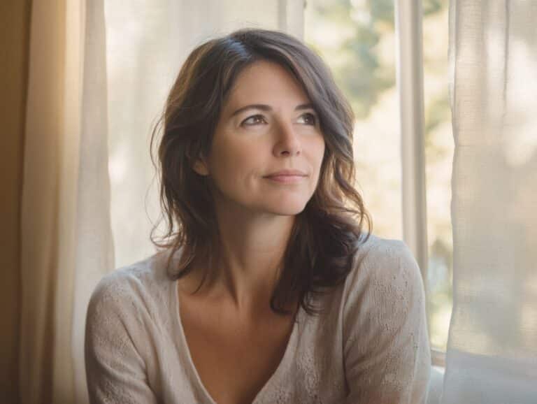 Woman reflecting calmly by a sunny window about life decisions
