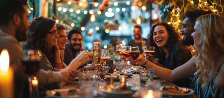 Group enjoying casual social drinking outdoors at night