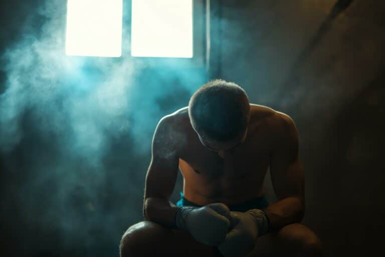 A boxer sitting alone in a dark room, showing early warning signs of CTE like emotional distress and isolation.