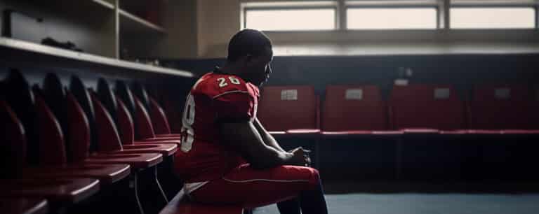 Former football player sitting alone in locker room, showing signs of emotional distress linked to CTE
