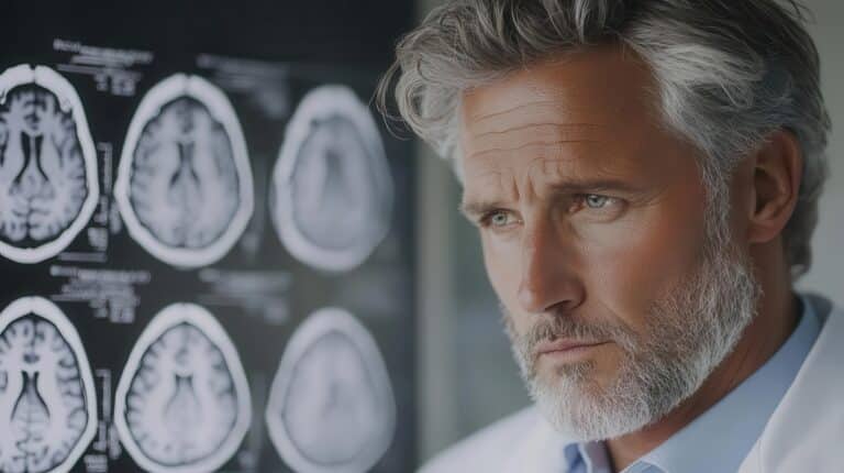 Concerned neurologist reviewing brain MRI, reflecting the complexity of diagnosing CTE in living patients