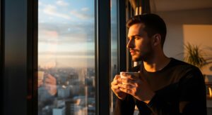 What Does Low Dopamine Feel Like? Signs, Causes & Fixes - Lifetime Insight Man reflecting quietly while holding a cup of coffee at sunrise — representing low dopamine symptoms like lack of motivation and calm introspection.