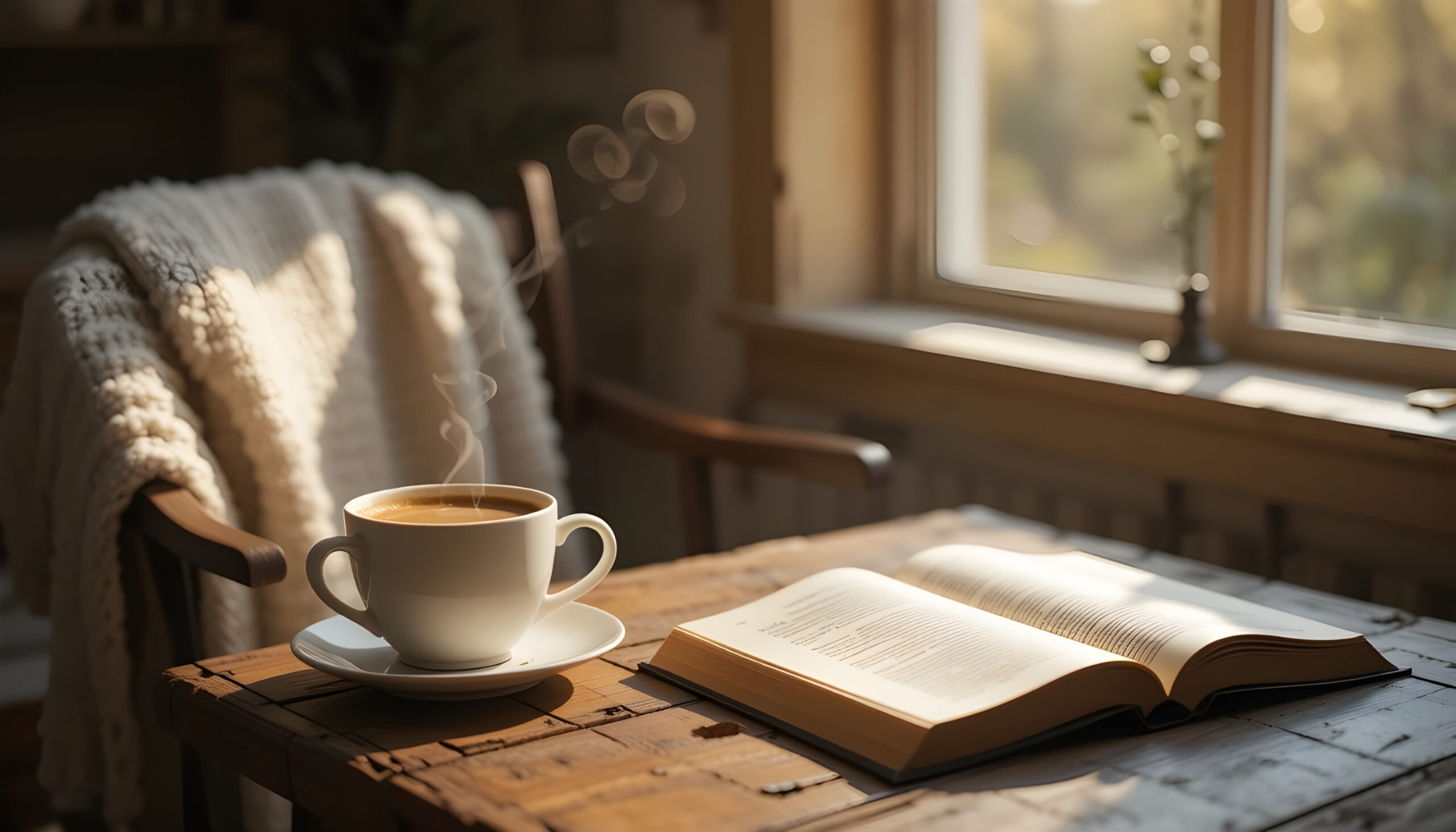 Cozy morning coffee and book representing mental health treatment and quiet moments in Colorado